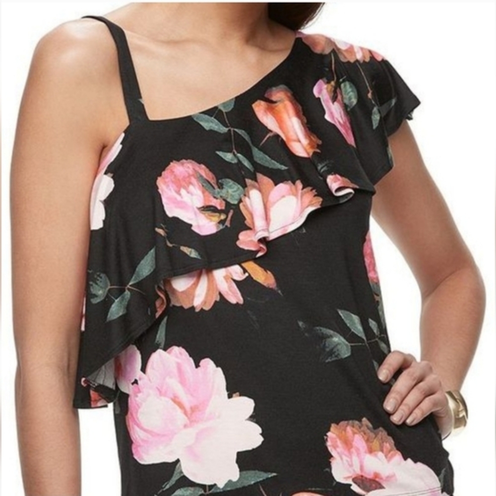 Floral‎ One Shoulder Ruffle Top Black Pink Sleeveless Size S